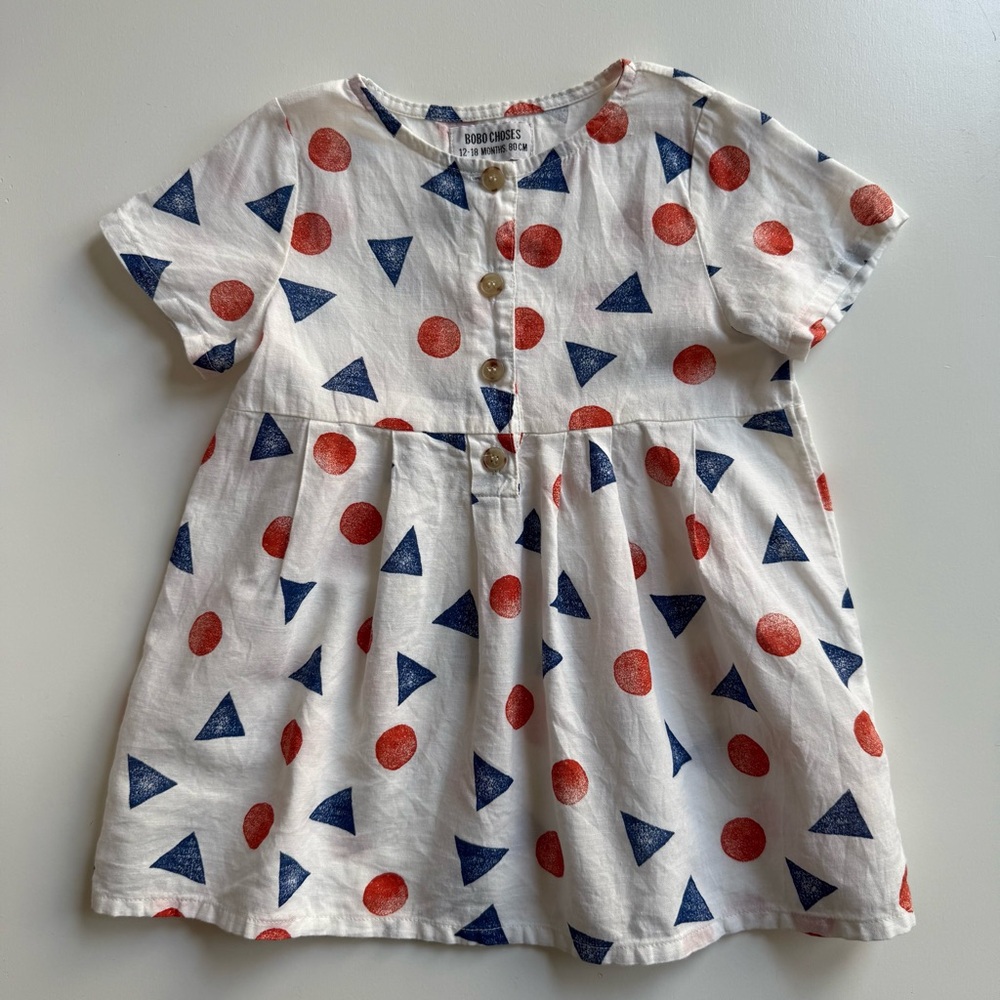 Bobo Choses Girls White Dress with Red and Blue Geometric Print - Size 12-18M